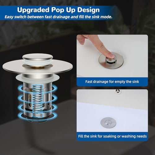 Hibbent 2 PCS Upgraded 3 in 1 Bathroom Sink Drain Strainer, Pop Up Stopper