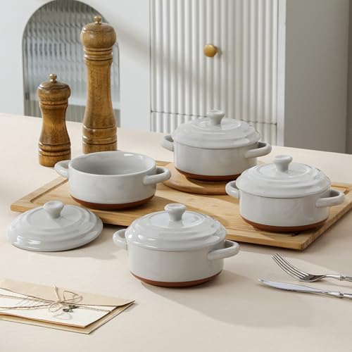 MALACASA Mini Cocotte Set of 4, 12 OZ Ramekins with Lids and Handles