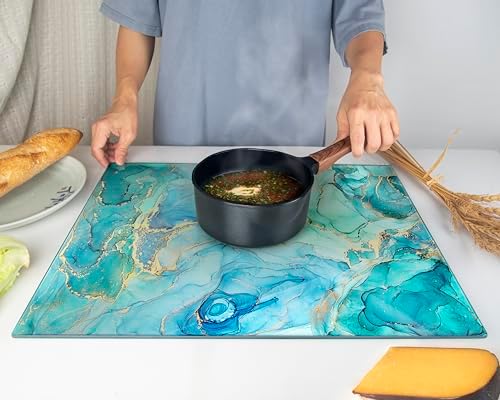 Kitchenville Glass Cutting Board 20”x16”: Tempered Glass Kitchen Counter Protector - Durable- Scratch-Resistant, Heat-Proof - Design 9 - Teal Ocean