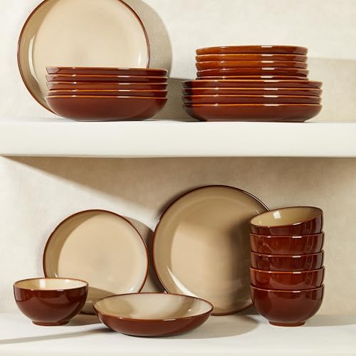 Pokini Stoneware Dinnerware Sets for 6, 24pcs Plates and Bowls Sets Dishes