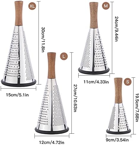 Cone Cheese Grater with Handle Stainless Steel Triple Function Wood Handle Parmesan Shaver Non-Slip Rubber Bottom Hand Held Multifunction Vegetables Cheese Grater with container (L: 10.6" X 4.7")