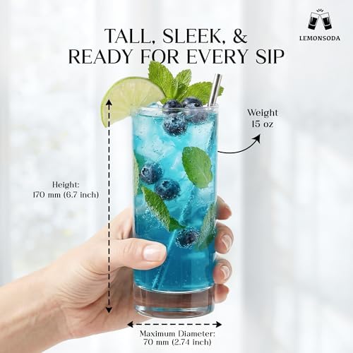 LEMONSODA Premium Highball 12oz/15oz Glass Sets - Elegant Tom Collins Glasses - Tall Water Drinking Glasses - Bar Glassware for Mojito, Whiskey, Cocktail (15oz, Set of 6)
