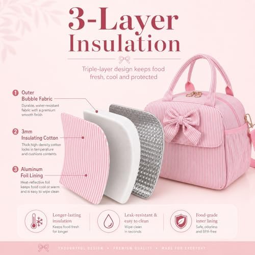 LEDAOU Lunch Box for Women, Insulated Reusable Lunch Bag, Cooler Tote for Work, School, College, Travel, Picnic, Everyday Use