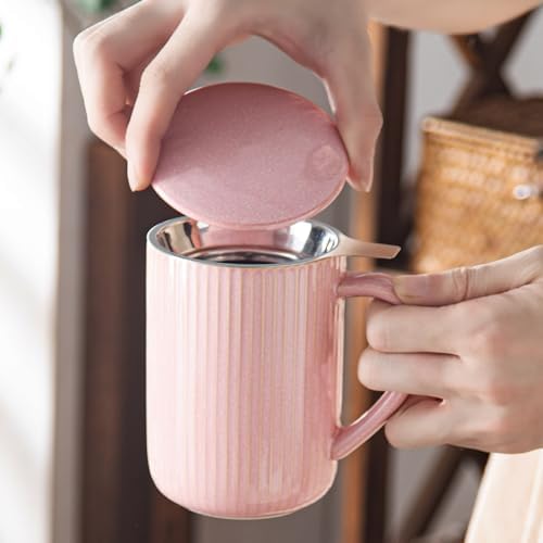 Yundu 15.5oz/470ml Flambe Pink Ceramics Teacups with Infuser and Lid, Loose Leaf Tea Cup