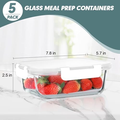 KOMUEE 30 oz 5 Pack Glass Meal Prep Containers with Lids, White