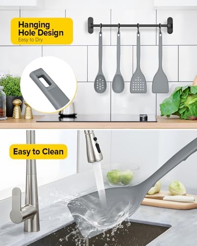 BUNDLEPRO Silicone Cooking Utensils Set, 4 Pcs Spatula and Spoon Set, Gray
