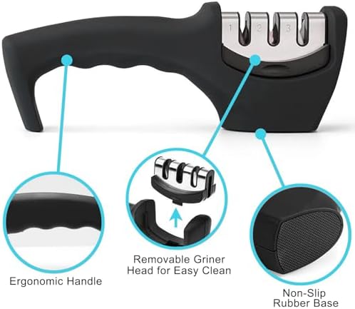 Elite Kitchen Knife Sharpener with 3 Stages, Professional Manual Blade Sharpening System, Ceramic Stone, Tungsten Carbide Plates, Diamond rods, Ergonomic Handle, Non-Slip Base,Stylish Black