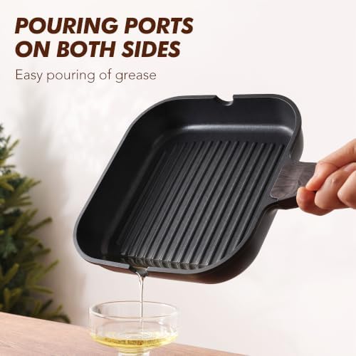 SENSARTE Nonstick Grill Pan for Stove Tops, Versatile Griddle with Pour Spouts, Square Big Cooking Surface, Durable Skillet Indoor & Outdoor Grilling. PFOA Free, 9.5 Inch