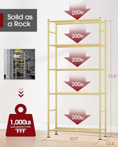Sakugi Storage Shelves - 5 Tier Shelf Organizer, Heavy Duty Garage Shelving Unit with Leveling Feet, Stable Metal Shelves Organizer for Pantry, Kitchen and Closet, 33.0" W x 12.6" D x 72.0" H, Gold