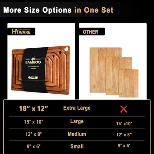 Hiware 4 Pieces Extra Large Wooden Cutting Boards Set- Bamboo Cutting Boards for Kitchen Meal Prep & Serving, Cutting Board with Deep Juice Groove & Built-in Handles, Charcuterie & Chopping Board