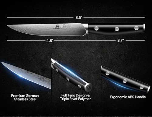 Piklohas Steak Knives Set of 8, 4.6 Inch Non Serrated Dinner Knife, Forged German Steel Damascus Pattern Straight Edge Meat Knife with Full Tang Handle, Dishwasher Safe, Ideal for Gift