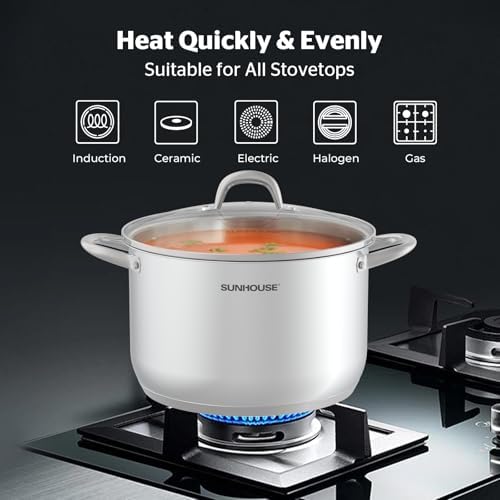 Sunhouse: Stainless Steel Stock Pot - 11 Quart - Tempered Glass Lid, 3-Ply Bottom, Soup-Pasta-Food, Boil-Simmer, All Cooktops, Dishwasher & Oven Safe
