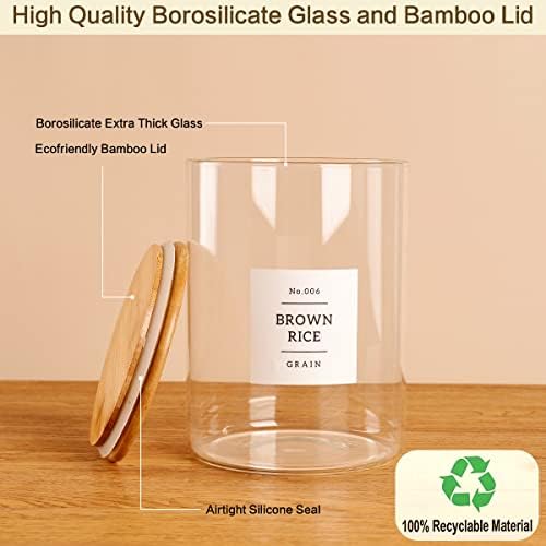 HHMJSM Large Glass Storage Jars With Airtight Bamboo Lid - 100 Fl Oz Thicken Kitchen Glass Food Storage Canister With 42 Pantry Labels - Big Clear Flour And Sugar Containers Farmhouse