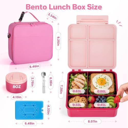 Bento Lunch Box with 8oz Soup Thermo,Kids Leakproof 4 Compartment Lunch Food Containers with Sauce Cup and Ice Pack,Kids Thermo Insulated Hot Food Jar and Lunch Bag for School,Trvael-Pink