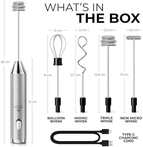 Zulay Kitchen Rechargeable Milk Frother Handheld - Frother Wand, Drink Mixer, Electric Whisk Frother, for Cappuccinos, Matcha & Protein Powder - Ultra Metal 4 Whisk, 1800mAh Silver