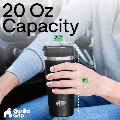 GORILLA GRIP 304 Stainless Steel Travel Coffee Mug, 20oz Tumbler, Black
