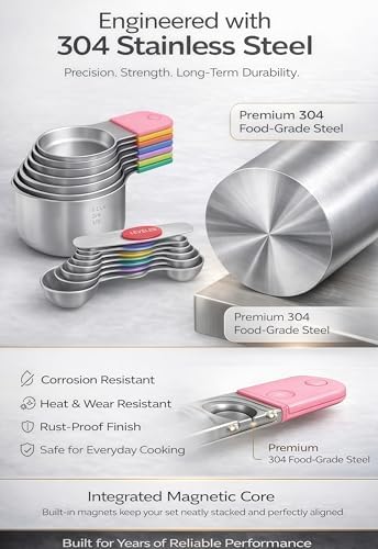 Magnetic Measuring Cups and Spoons Set304 Stainless Steel Dual Scale Set of 15, Strong N52 Magnetic Nesting Design with Leveler, for Dry&Liquid Ingredients, Dishwasher Safe(Colorful)