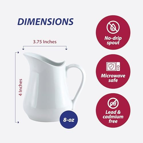 HIC Kitchen Creamer Pitcher With Handle, Fine Porcelain, 8-Ounce Capacity, For Coffee, Tea, Dressings, Sauces
