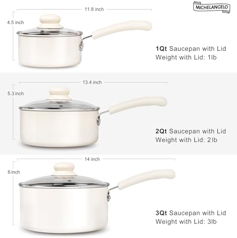 MICHELANGELO Nonstick Saucepan with Lid, Ceramic Sauce Pan Sets, Easy to Clean Sauce Pans, Multi-Purpose Cooking Pots, 1QT, White