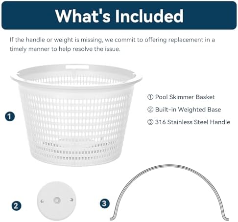 8" Pool Skimmer Basket, 316 Stainless Steel Handle, Built in Weight