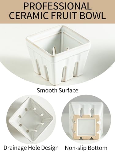 Gomakren Ceramic Berry Basket Set of 2, Square Fruit Bowl Containers, White