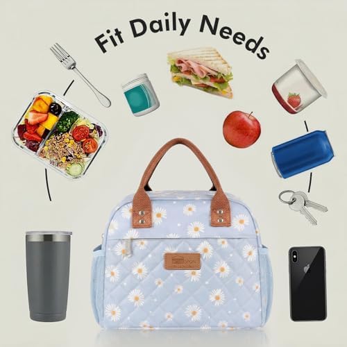 HOMESPON Insulated Lunch Bag for Women Men, Cooler Tote Box, Blue Daisy