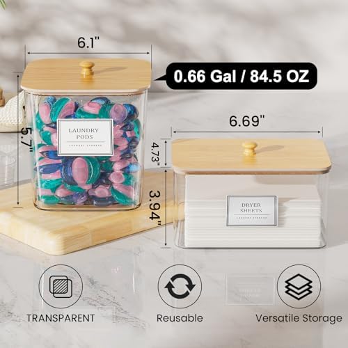 HomePekite Laundry Pods Storage Container, Clear Acrylic Laundry Room Organization and Storage ,Detergent Powder Container,with Wooden Lids & Labels, 4+1 Pack