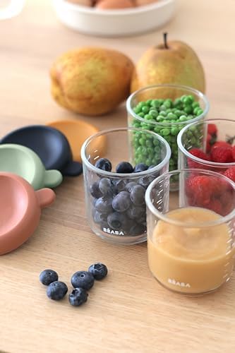 BEABA 4 Pack Glass Baby Food Jars with Soft Silicone Air Tight Lids, 8 oz Glass Storage Containers with Lids, Microwave and Freezer Safe Containers, Sunrise