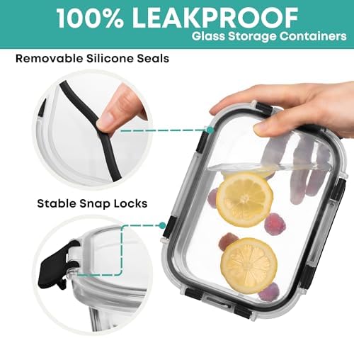 Razab 30 PC Glass Food Storage Containers with Lids - Reusable Glass Meal Prep Containers for Lunch and Leftovers - Airtight & Leakproof Snap Locking Lids - Oven, Freezer, Microwave, Dishwasher Safe
