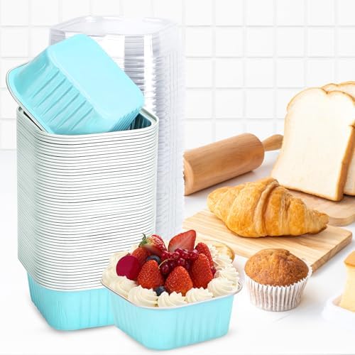 100Pack 5oz Blue Mini Cake Pans with Lids and Spoons and Stickers Baking Cups Aluminum Foil Pans Tins, Individual Dessert Cups Containers for Sales,Party,Picnics