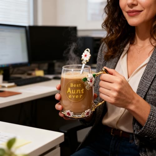 Best Aunt Ever Printed Flower Tea Glass - Hidden in Socks, Perfect Christmas Thanksgiving Gift for Aunt Auntie or Neighbor