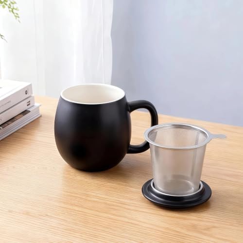 Yundu 12 OZ Matte Black Ceramics Teacup with Infuser and Lid, Mug with Lid for Steeping - Stainless Steel Infuser for Loose Leaf Tea, Home Office Gift for Tea Lovers