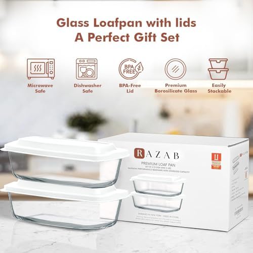 Razab 2 Pack 1800ml Large Glass Meatloaf Pans & Banana Bread Pans with Lids