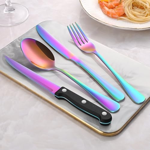 24 PCs Colorful Rainbow Silverware Sets Service For 4, Dining Utensils Set
