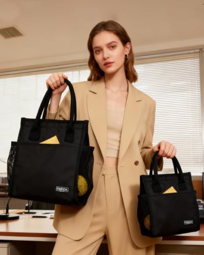Black Insulated Lunch Bag Women Men, Reusable Cooler Tote Thermal Snack Bag