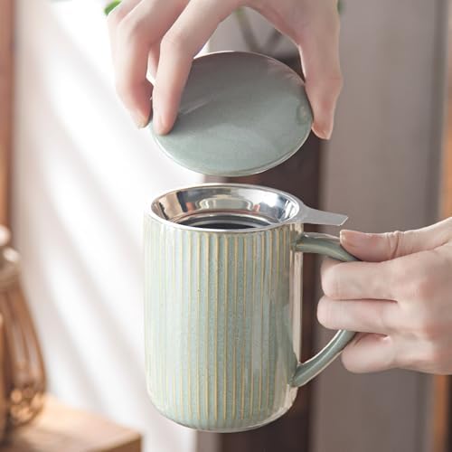 Yundu 15.5oz/470ml Flambe Green Ceramics Teacups with Infuser and Lid, Loose Leaf Tea Cup