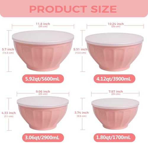 BoxedHome Mixing Bowls with Lids Set, 8 pieces Large 0.2” Thick Plastic Nesting Mixing Bowl, Microwave Safe,Size 5.92, 4.12,3.06,1.80 Quart, Pink
