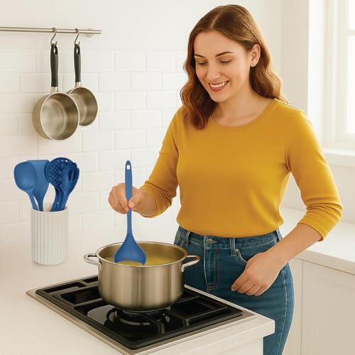 Glad Kitchen Utensils Set, 8pcs - Nonstick Cooking Tools with Utensil Holder - Nylon Spoon, Ladle, Skimmer, Spaghetti Server, and Turner Spatula Set - Dishwasher Safe, Blue