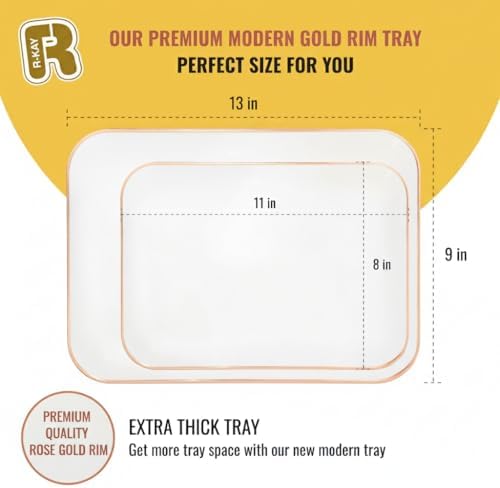 3 Pack Rose Gold Plastic Serving Trays for Party - Rose Gold Serving Tray 8 x 11 Inch - Heavy Duty Dessert Trays for Food - Rectangular Party Serving Trays for Entertaining