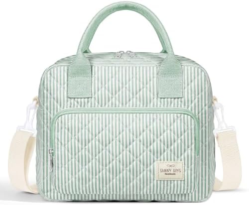 WOBAGMEN Quilted Lunch Box for Women, Insulated Lunch Bag for Adult, Cute Lunch Tote Bags for Work Picnic Travel (Green Stripes, M)
