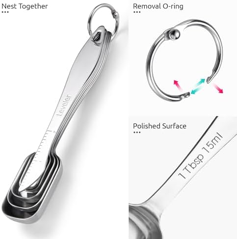 U-Taste Narrow Square Measuring Spoons, Metal Measure Set of 7 with Leveler