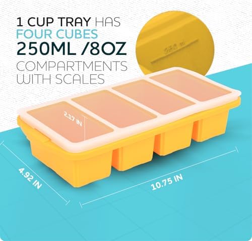 XOMOO Silicone Freezer Tray With Lid - Soup Freezer Container molds - Large Ice Cube Tray- makes 8 perfect 1 cup portions cubes, 2-Pack Freezer Storage Food Soups & Meal Prep - Oven & Dishwasher -Safe
