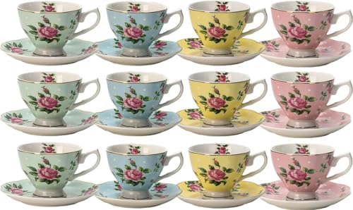 BTaT- Floral Tea Cups and Saucers, Set of 12, 8 oz, Fine Porcelain Teacup Set with Gold Trim for Afternoon Tea, Weddings, Parties & Gifting, Dishwasher Safe, Lightweight, Non-Toxic