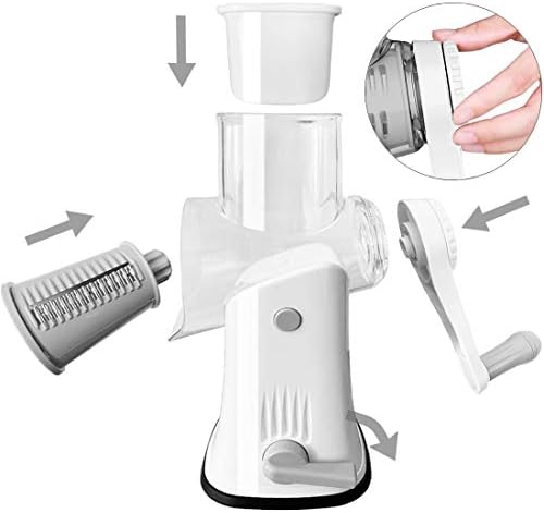 Rotary Cheese Grater Shredder 5-in-1 Tumbling Box Mandoline Vegetable Slicer Waffle Cutter Nut Chopper, White