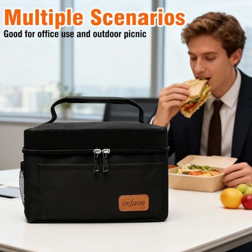 ONFAON Lunch Bag for Men/Women, Insulated Reusable Lunch Box Leakproof Cooler Tote Bag Freezable with Adjustable Shoulder Strap for Office Work Picnic Beach(Black)