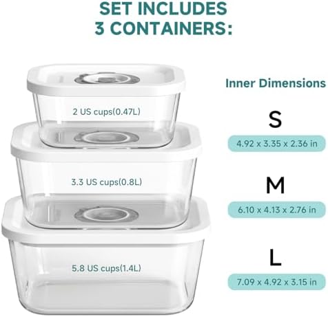 Mehomeli Glass Vacuum Seal Containers, 3-Piece Set, Small Medium Large