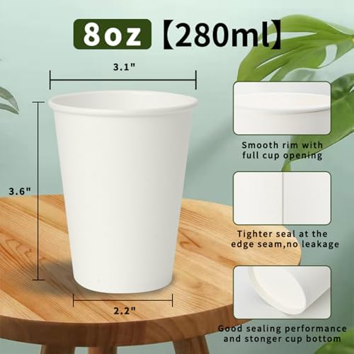METAPRINT 100 Pack 8 oz Disposable Paper Coffee Cups, White