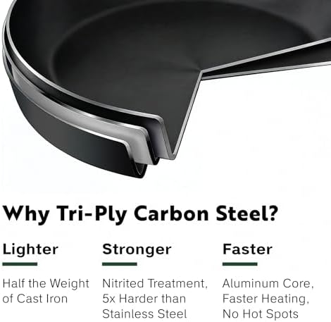 13 Inch Tri Ply Carbon Steel Wok Pan - Naturally Nonstick, Nitrided Carbon Steel - Lightweight, Non Toxic Cookware, No Coatings - Induction Wok, Oven, Outdoor Grill Cooking