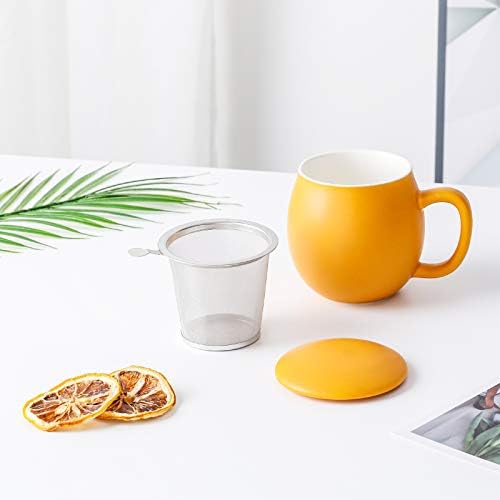 Yundu 12 OZ Matte Yellow Ceramics Teacup with Infuser and Lid, Mug with Lid for Steeping - Stainless Steel Infuser for Loose Leaf Tea, Home Office Gift for Tea Lovers