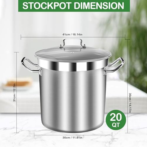 STOCKPOT Stainless Steel 20 Quart Stockpot with Tempered Glass Lid, 3-Ply Base, 8.8 lbs, Polished Finish, Suitable for Stovetop and Oven